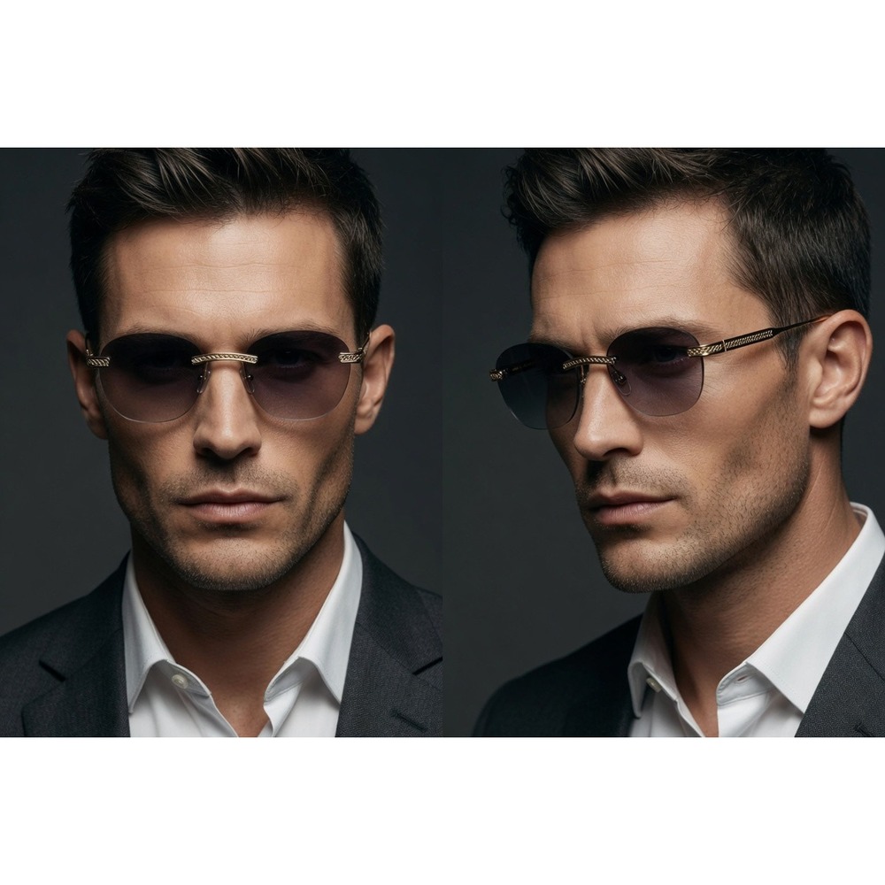 Mens Rimless Round Sunglasses Gold Metal Vintage Frame Purple Gradient Lens 2026